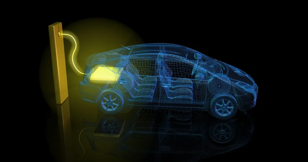 3d render of electric car charging from large glowing yellow battery outlet