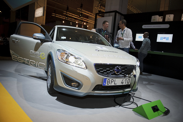 Volvo electric car parked and charging